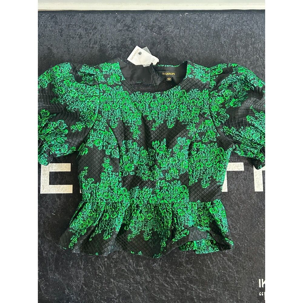 Sugarlips NWT Emerald Green Black Floral Jacquard Puff Sleeve Peplum Top Size L
